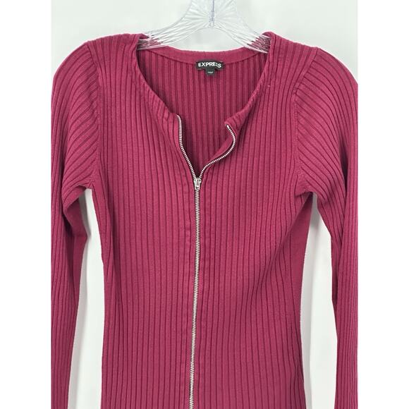 Express Ribbed Zip Front Sweater M Burgundy Stretch Long Sleeve Knit Top - Picture 4 of 13